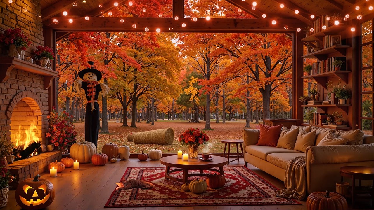 Pumpkin Glow on the Fall Porch 🍂 Warm Jazz Instrumentals & Crackling Fire for Creative Work