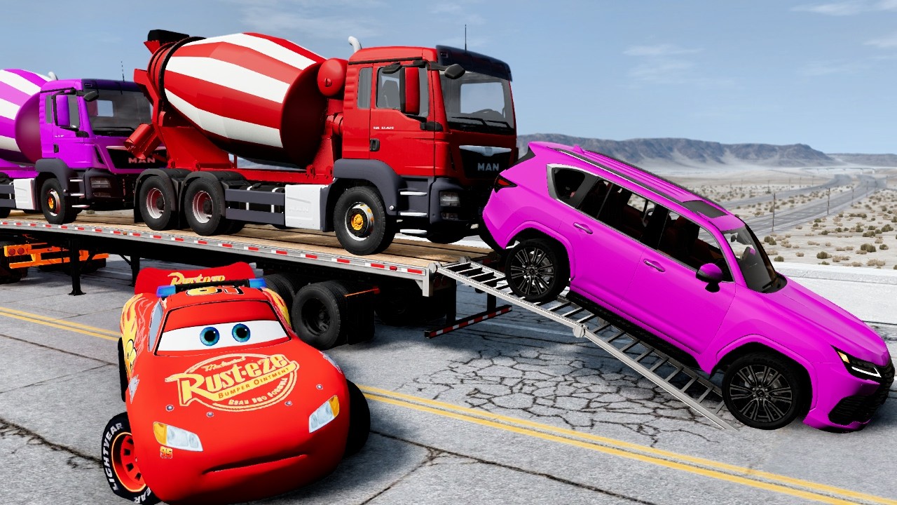 Flatbed Truck Mcqueen  Transportation with Truck   Pothole vs Car #58  BeamNG Drive 2