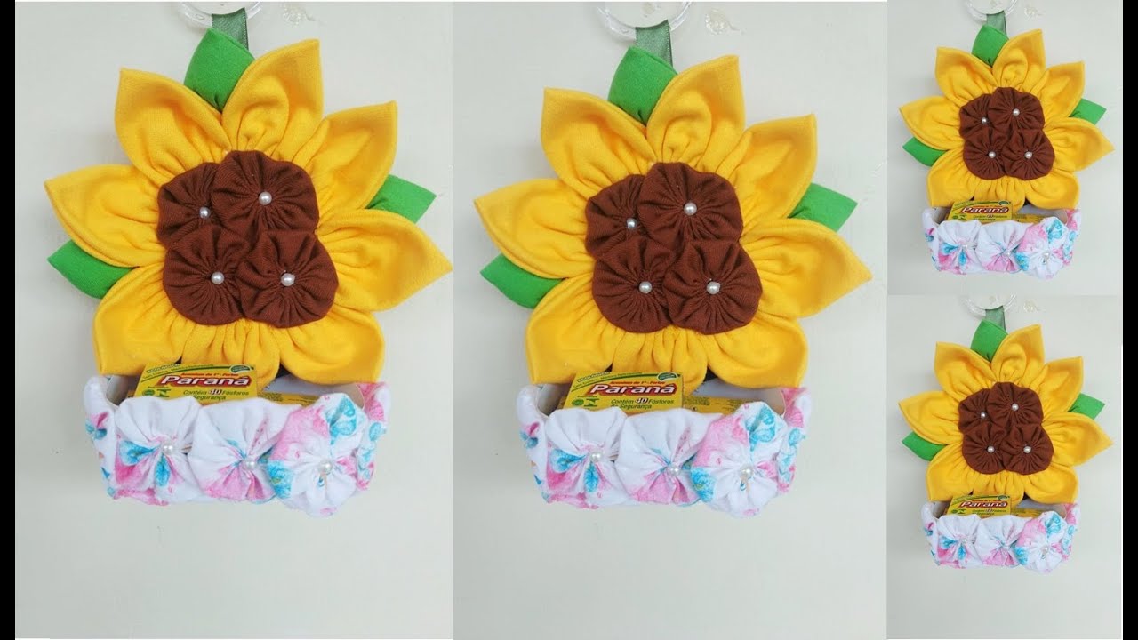 PORTA FÓSFORO FEITO COM GIRASSOL DE FUXICO E POTE DE MARGARINA