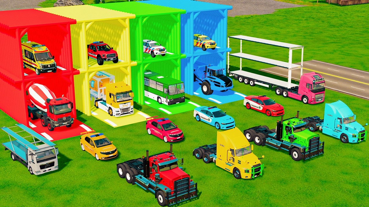 ALL POLICE VEHICLES, FIRE ENGINE, TIPPER AND TANK TRUCK TRANSPORT TO GARAGE - FS22