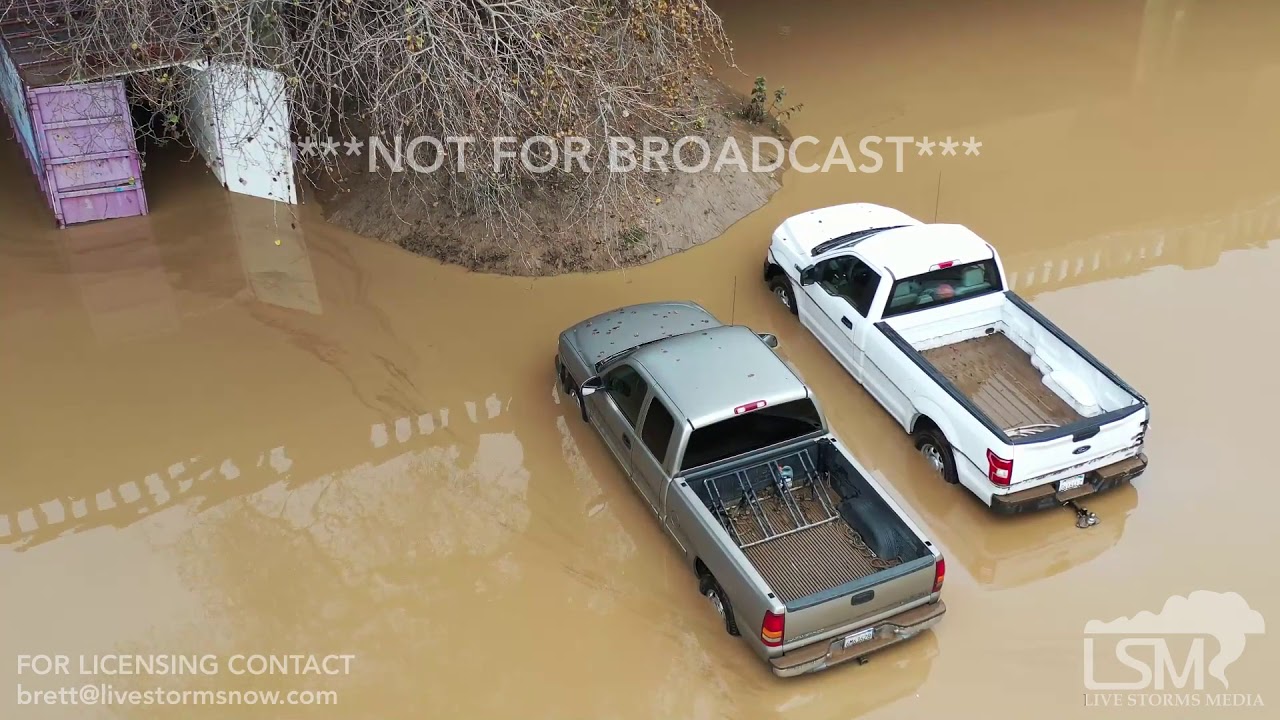 1-17-2019 Ventura, Ca Cars flooded out after Heavy Rains cause Ventura River to flood drone
