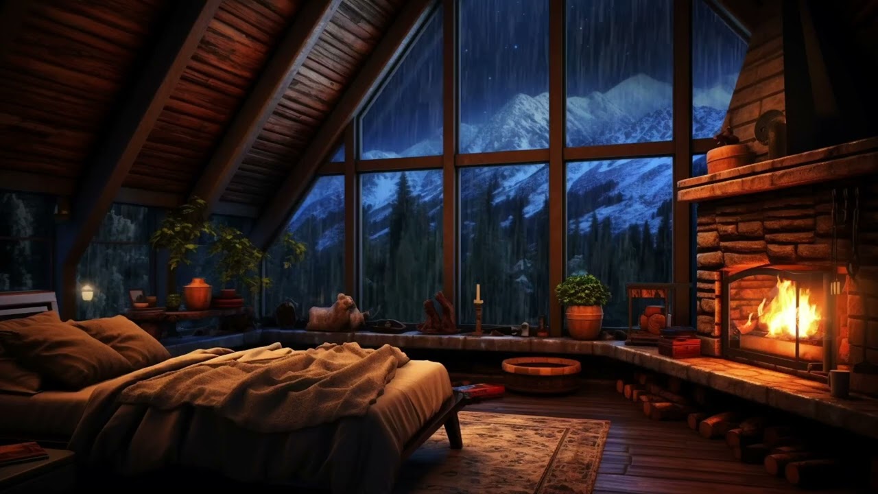 Rainstorm and Fireplace 🌧️🔥 Cozy Cabin Sleep Ambience