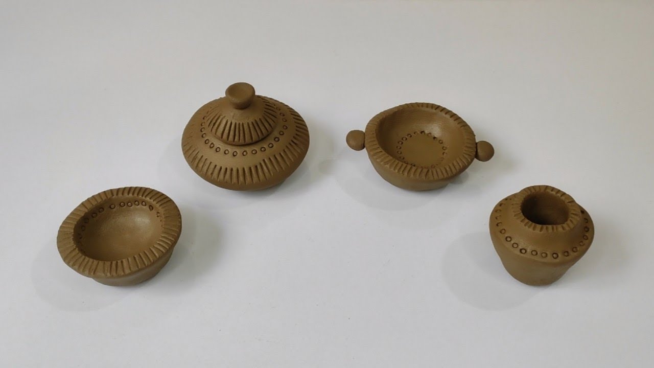 Primitive technique make handmade kitchen set with clay | Miniature clay kitchen set | Cookware set