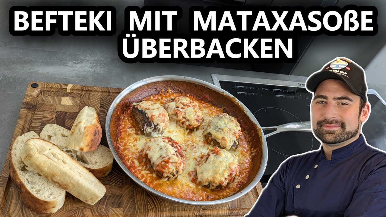 Befteki mit Metaxasoße und Käse überbacken.