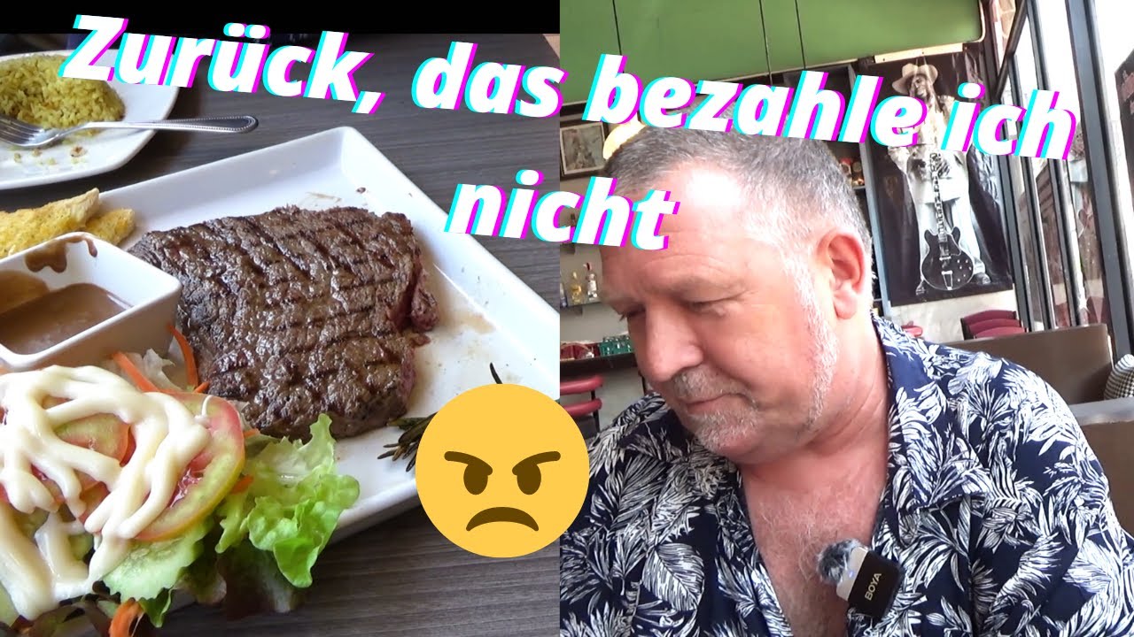 Das geht zu weit, beide Gerichte kalt. Kalte Suppe, kaltes hartes Steak. Nein, Schluss mit lustig.