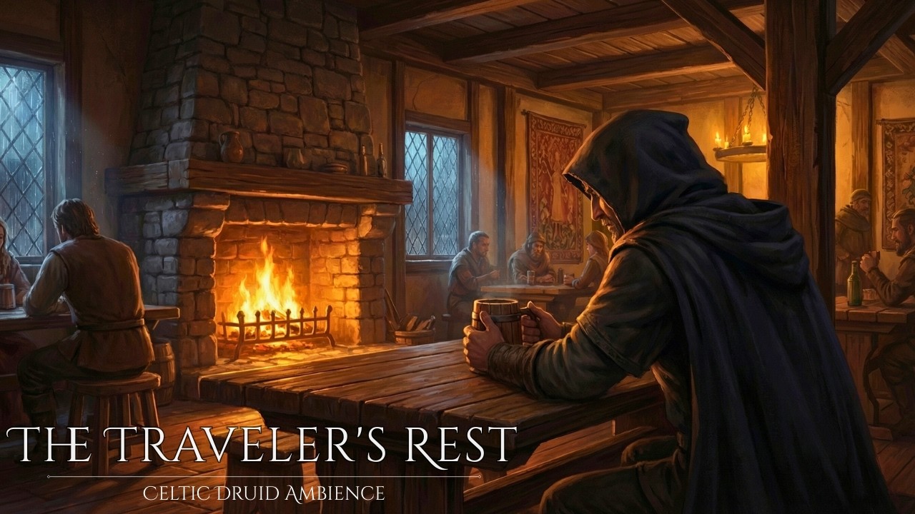 The Traveler's Rest | Cozy Medieval Tavern Ambience | Rain & Lute Music