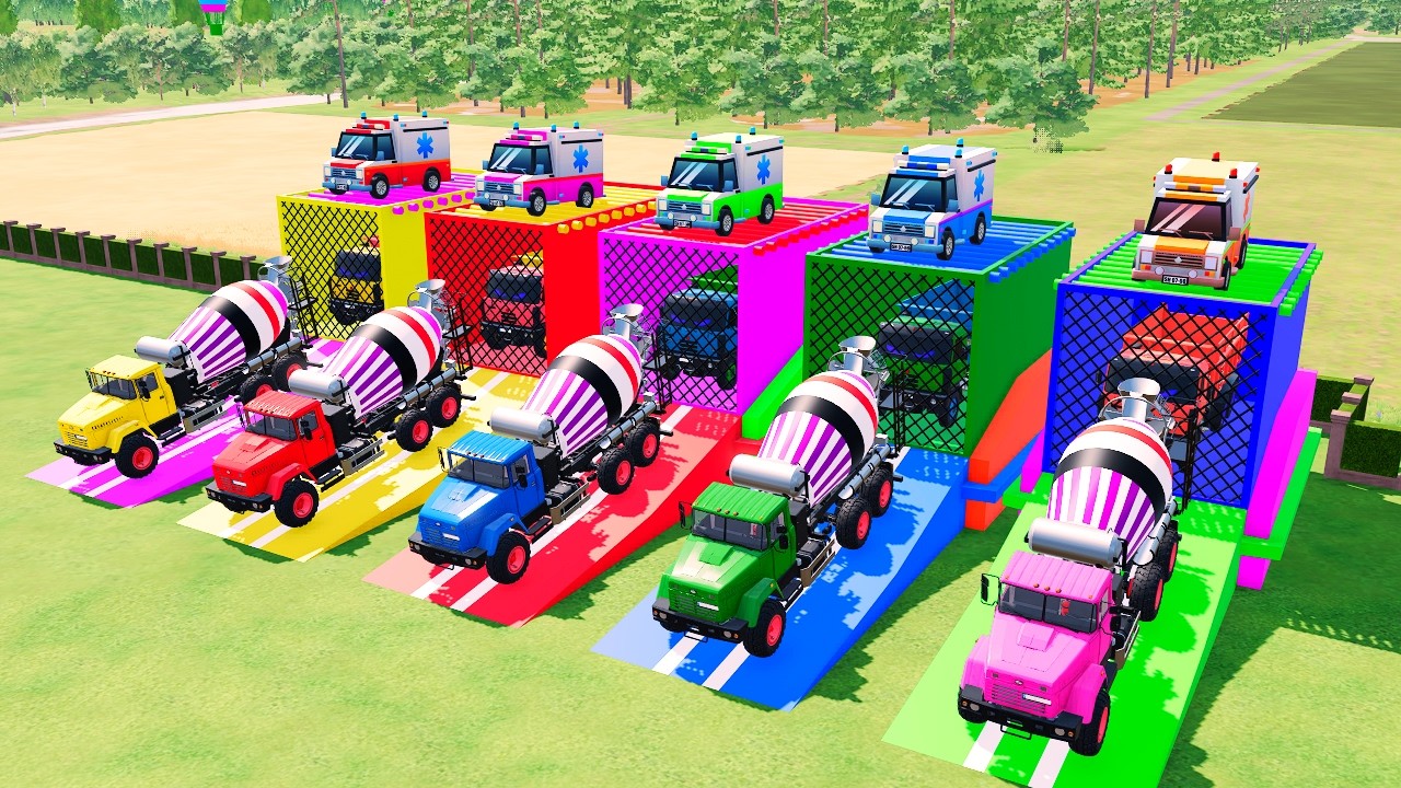 Garage with Colors - BIG MIXER TRUCK WITH EYES AND DOUBLE LOWBED TRAILER, KENWORTH, PETERBILT
