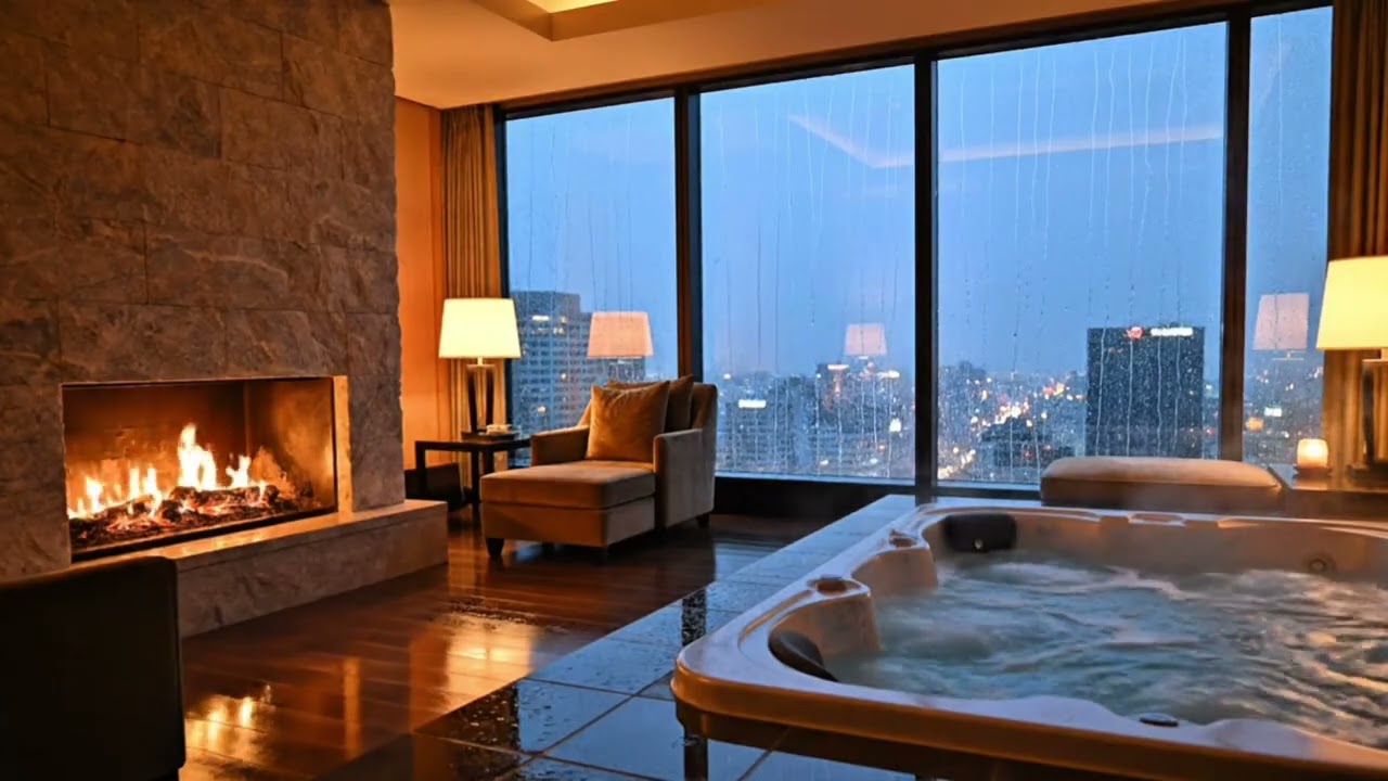 Cozy Rainy Night ASMR 🌧 Fireplace & Jacuzzi Sounds for Deep Sleep | Relaxing Rain Ambience 4K