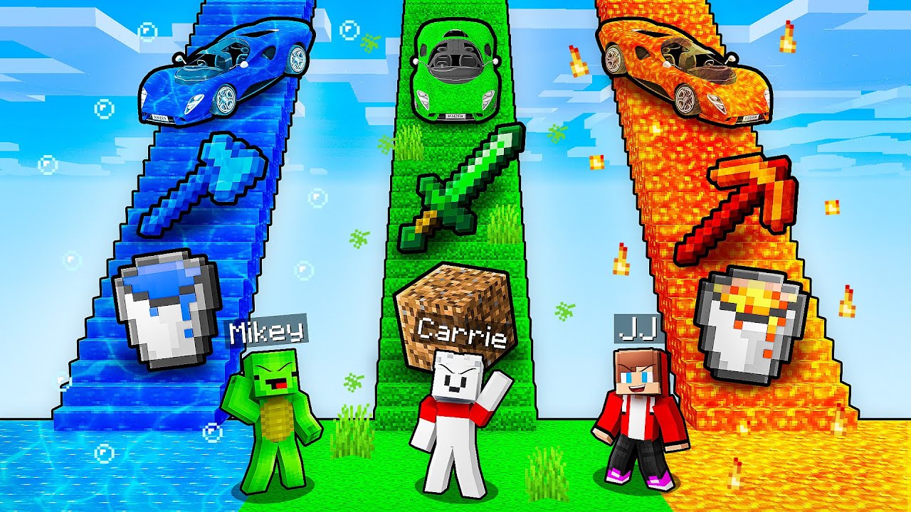 JJ vs Mikey vs Carrie: ELEMENTAL STAIRS BATTLE in Minecraft - Maizen