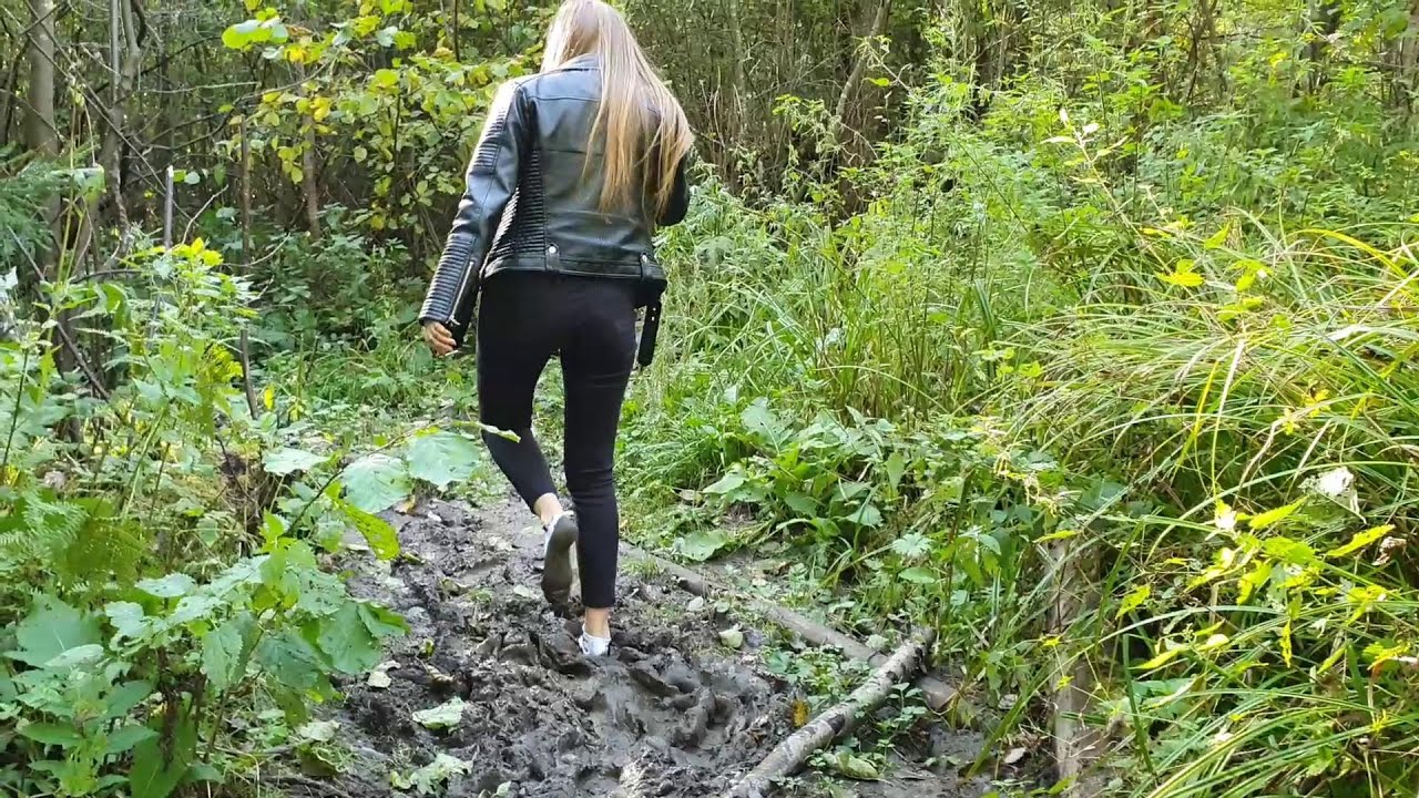 White socks in mud, white socks forest walk, wet socks, wetlook, white socks stuck in mud (# 694)