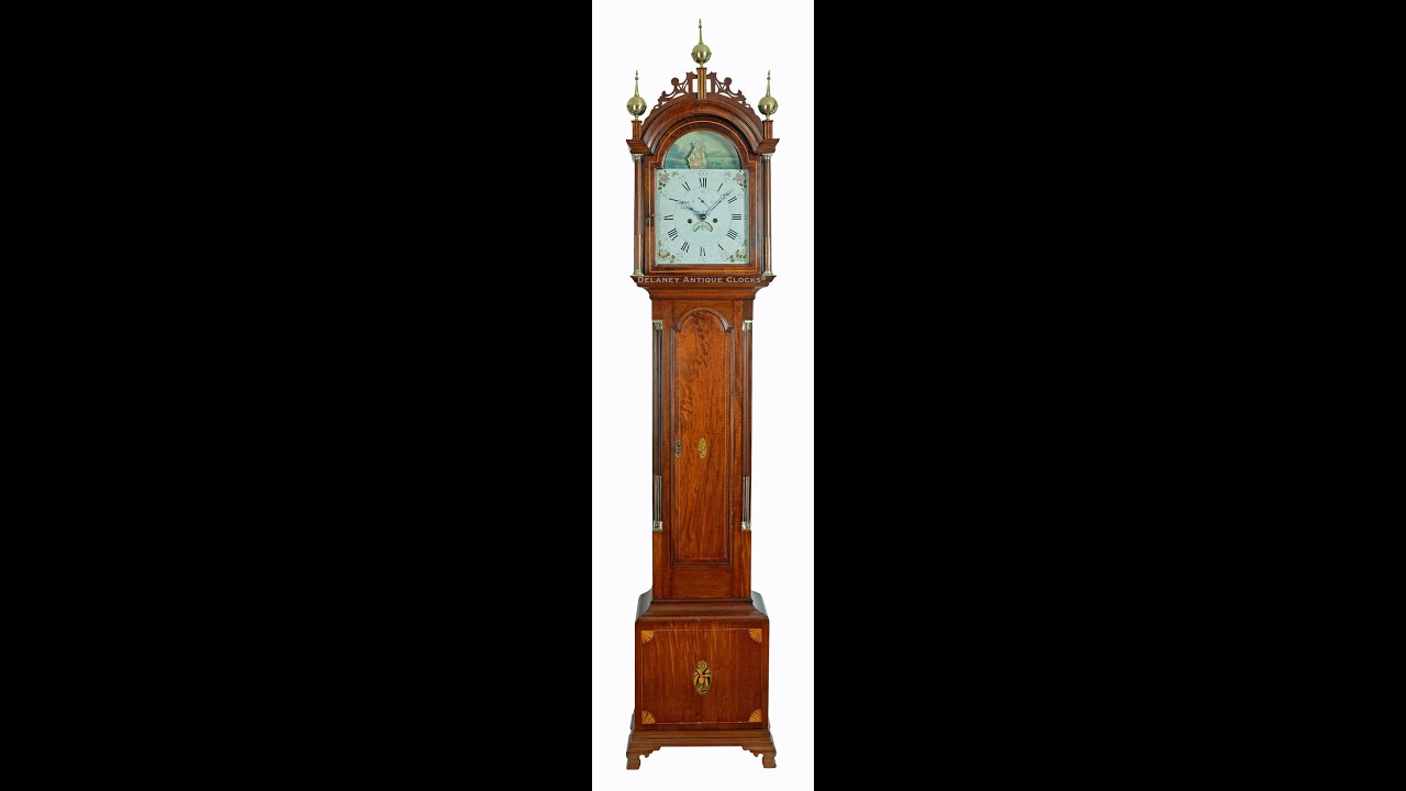 A Fine Inlaid Mahogany Rocking Ship Tall Case Clock Made In Boston, MA, Circa 1800.