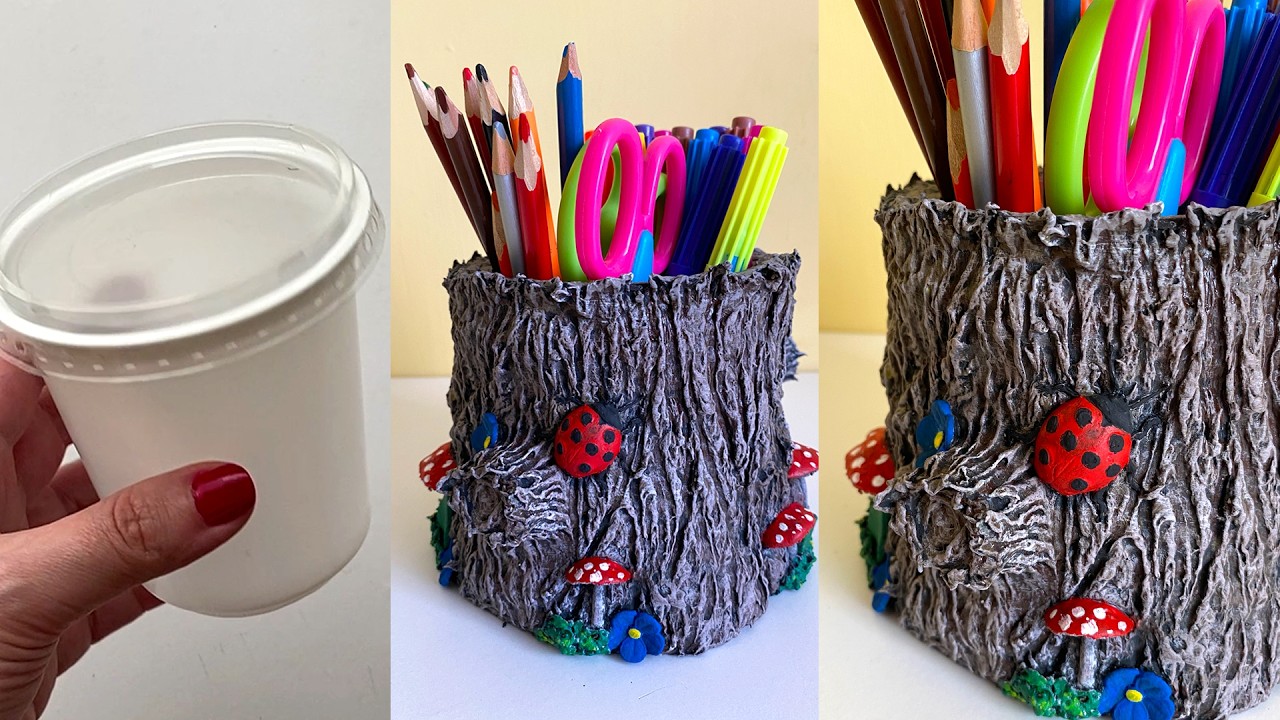 DIY Pencil Holder from a Plastic Cup and Paper | How to make paper mache mass