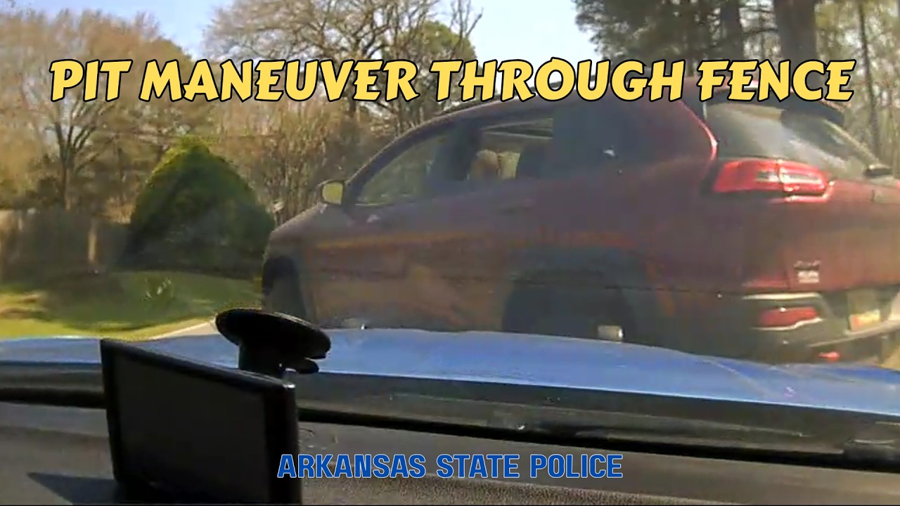 PURSUIT! Stolen Jeep Cherokee flees from Arkansas State Police - PIT MANEUVER sends SUV into fence