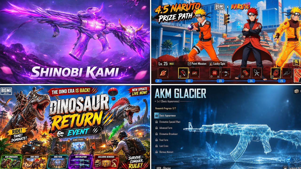 NARUTO PRIZE PATH REWARD🔴SHINOBI KAMI M416 RETURN ✅AKM GLACIER FREE IN CREATE 🔥DINOSAUR MODE IN BGMI
