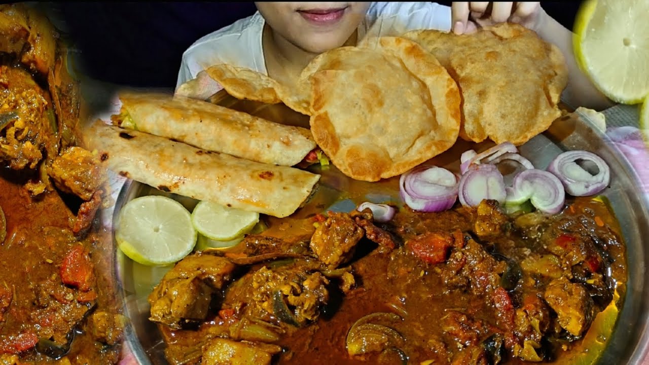 SPICY CHICKEN CURRY, PURI *EATING SHOW