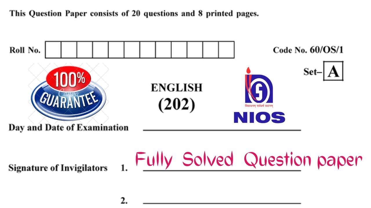 202-ENGLISH अंग्रेज़ी April 2022 Exam Solved Sample Paper Class-10th NIOS Fully Solved Question Ppr