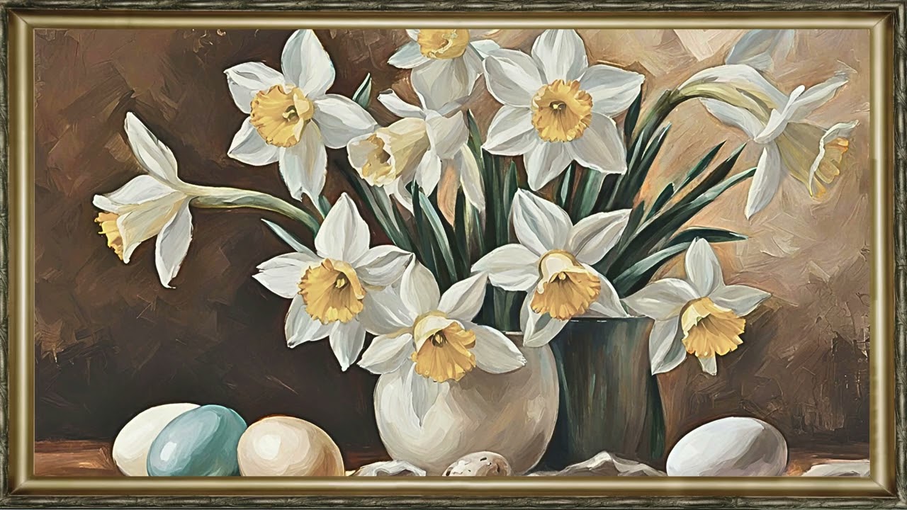 Elegant Spring Daffodils with Easter Eggs | Vintage Floral TV Art | 4K Screensaver