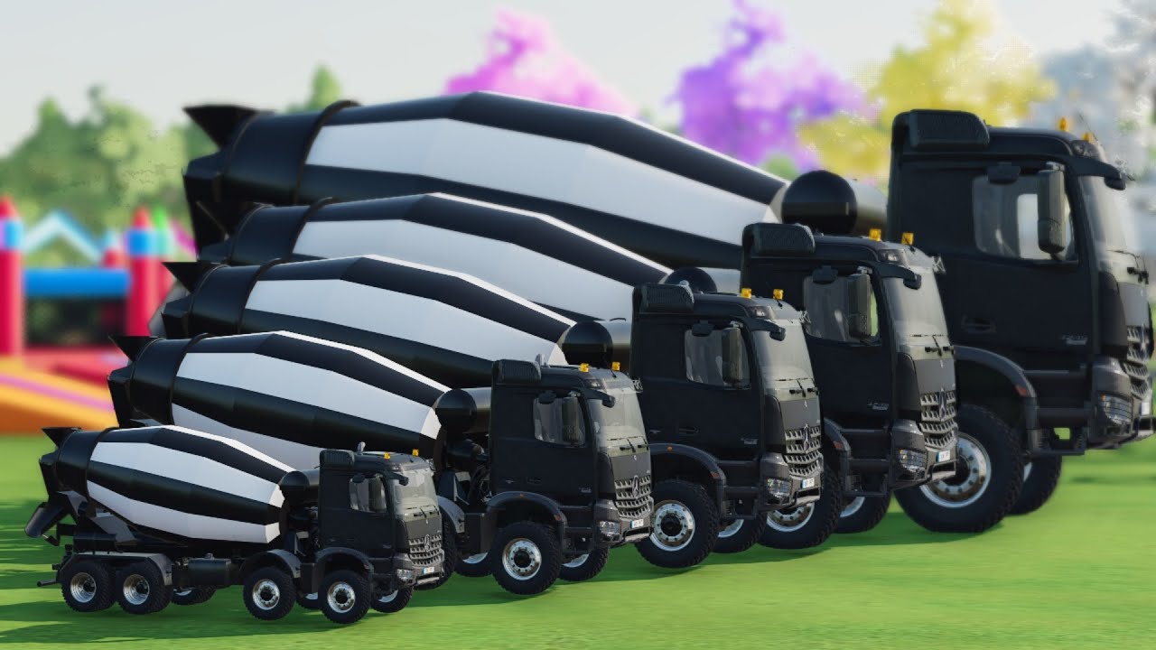 Mixer Trucks of Colors! SCANIA, JCB, MCQUEEN WITH DOUBLE FLATBED TRAILER TRUCK TO GARAGE, FS22 #A127