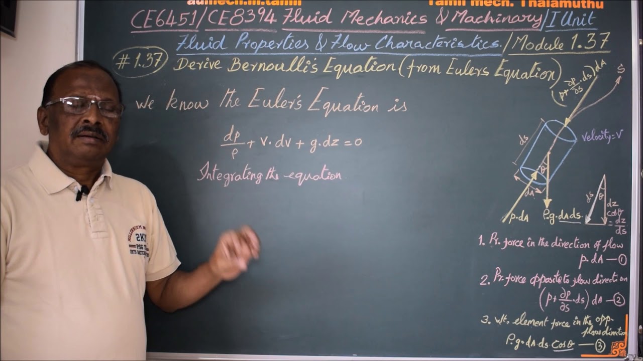 Derive Bernoulli's Equation from Euler's Equation - M1.37 Fluid Mechanics in Tamil