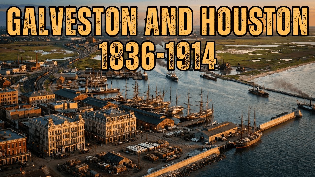 Галвестон и Хьюстон 1836–1914 гг. (реконструкция, выполненная ИИ)