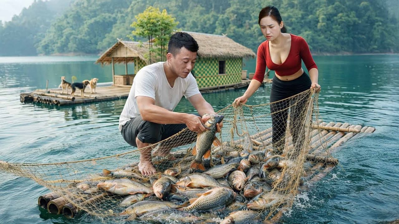 Survival skills in the jungle | builds bamboo raft to fish, catching many big fish - surviving alone