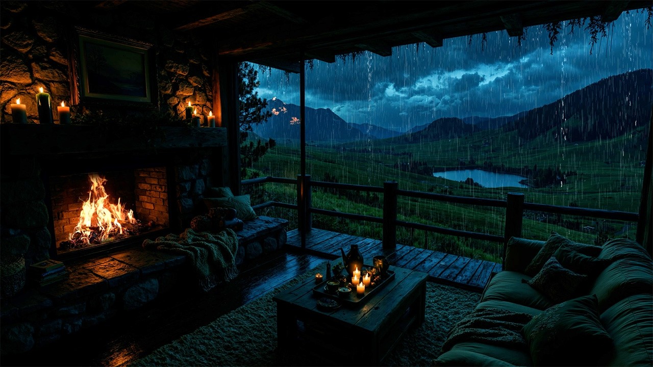 Nighttime Thunderstorm Haven - Fireside Comfort with Rain, Fireplace & Stress Relief