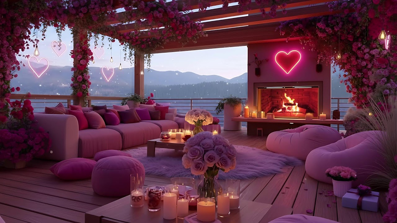 💕 Romantic Snowy Valentine Porch 💕❄️ Soft Jazz & Warm Fireplace Ambience for Deep Sleep