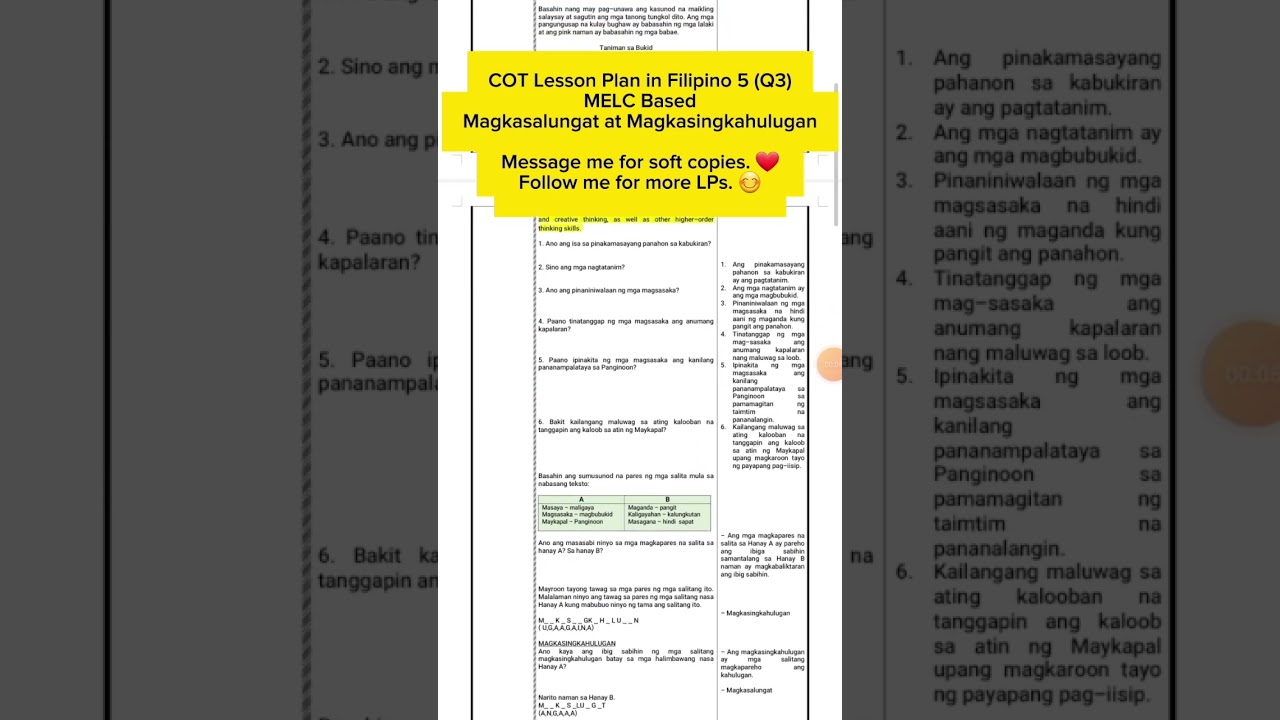 COT Filipino 5 (Q3) MELC Based #class #lessonplan #cot