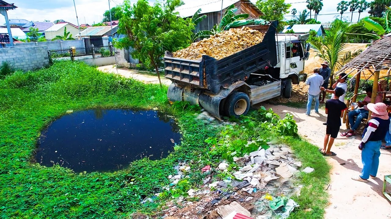 Start Opening​ Amazing Project!! Landfill Delete Pond Flood By Komat'su Dozer Pushing Rock Soil