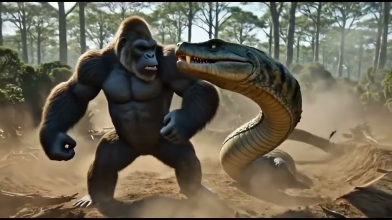 A massive cobra destroy the forest,but a strong gorilla step forwardto fight andprotect every animal