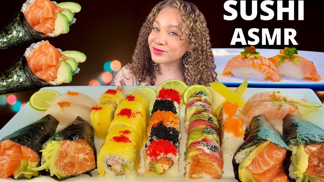 ASMR SUSHI RAW SALMON BELLY & TUNA NIGIRI| HAND ROLLS| SUSHI ROLLS| SUSHI MUKBANG| EATING SOUNDS|