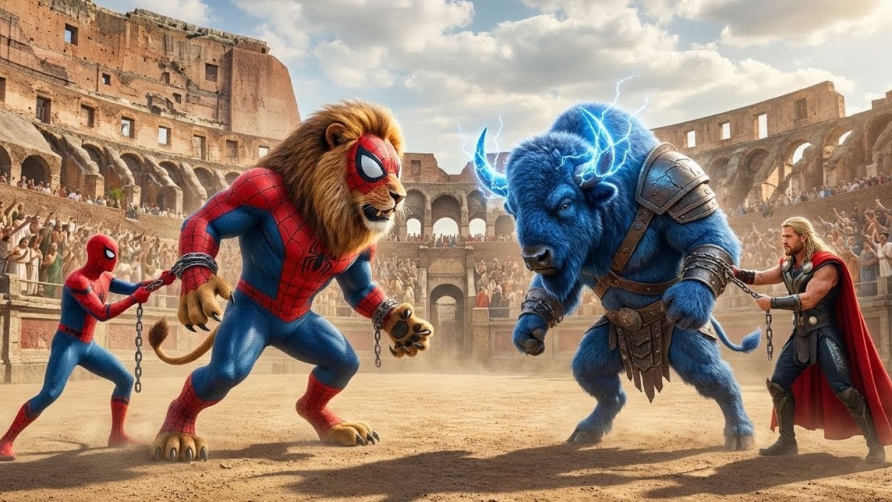 Spider Man Lion vs Thor Bison – Ultimate Superhero Animal Showdown