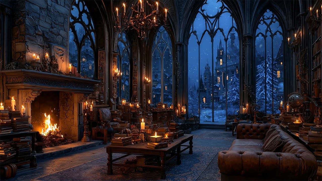 Cozy Victorian Library Ambience in Snowy Old Town | Dark Academia Piano Music with Fireplace