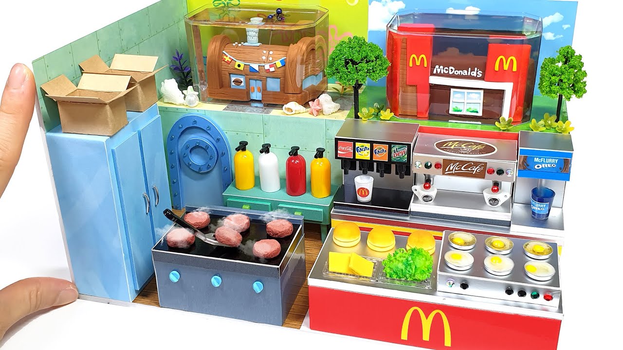 DIY Miniature Spongebob Krusty Krab VS Mcdonald's Board House #  Hamburger Competition ｜집게리아 VS 맥도날드