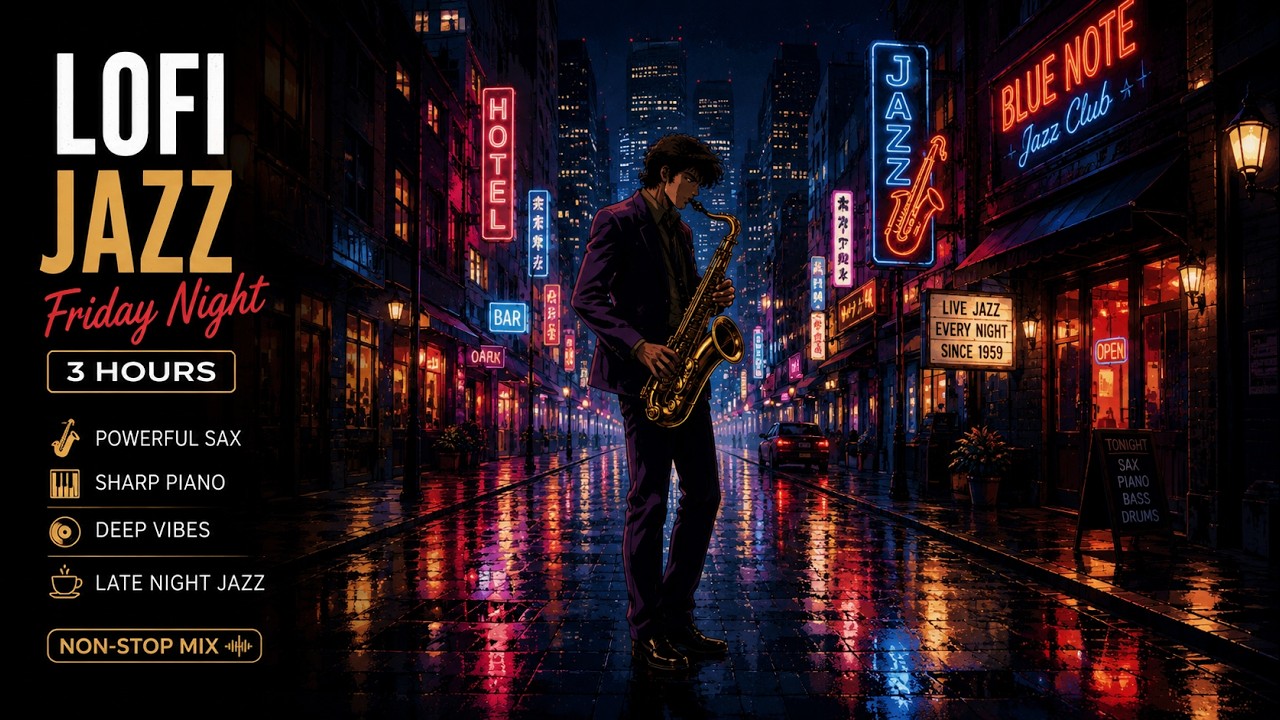 Friday Night Lofi Jazz 🌃 Powerful Sax & Deep Piano Grooves (3 Hours)
