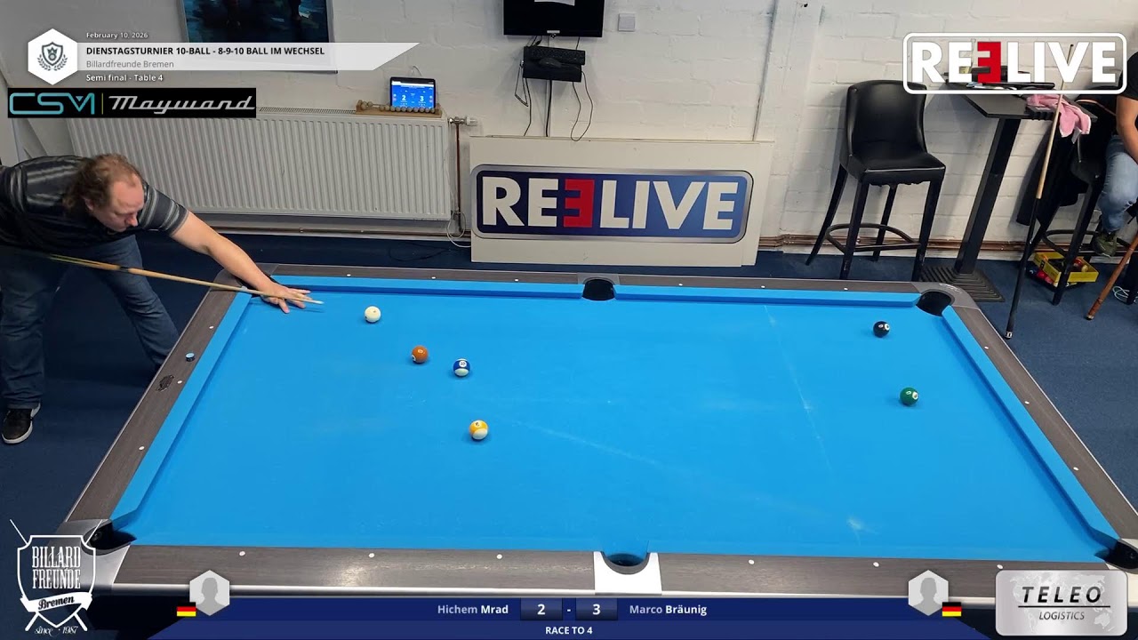 Hichem Mrad vs Marco Bräunig Tisch[4] Dienstagturnier Billardfreuden Bremen 10-Ball 10.2.26