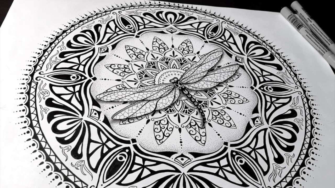 Speed Drawing : Dragonfly Mandala with a little art nouveau and art deco flare!