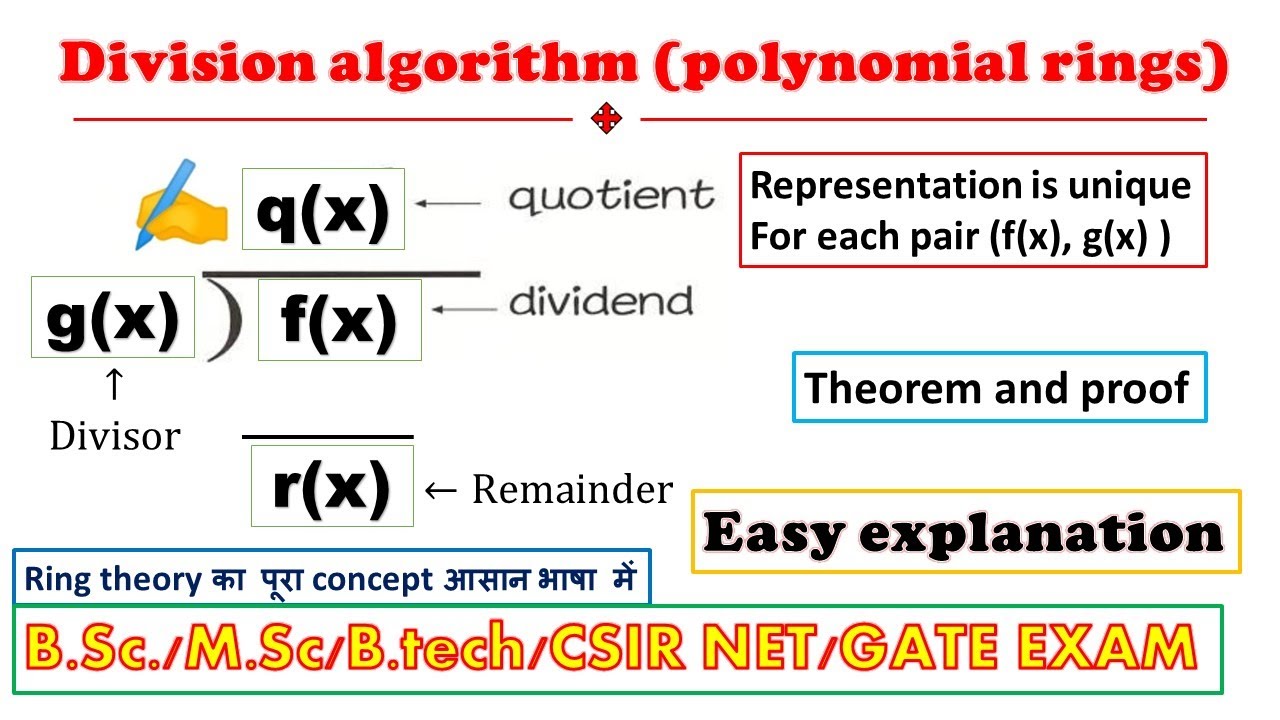 Lec division algorithm of polynomials in ring theory ,theorem proof with explanation ,ring theory