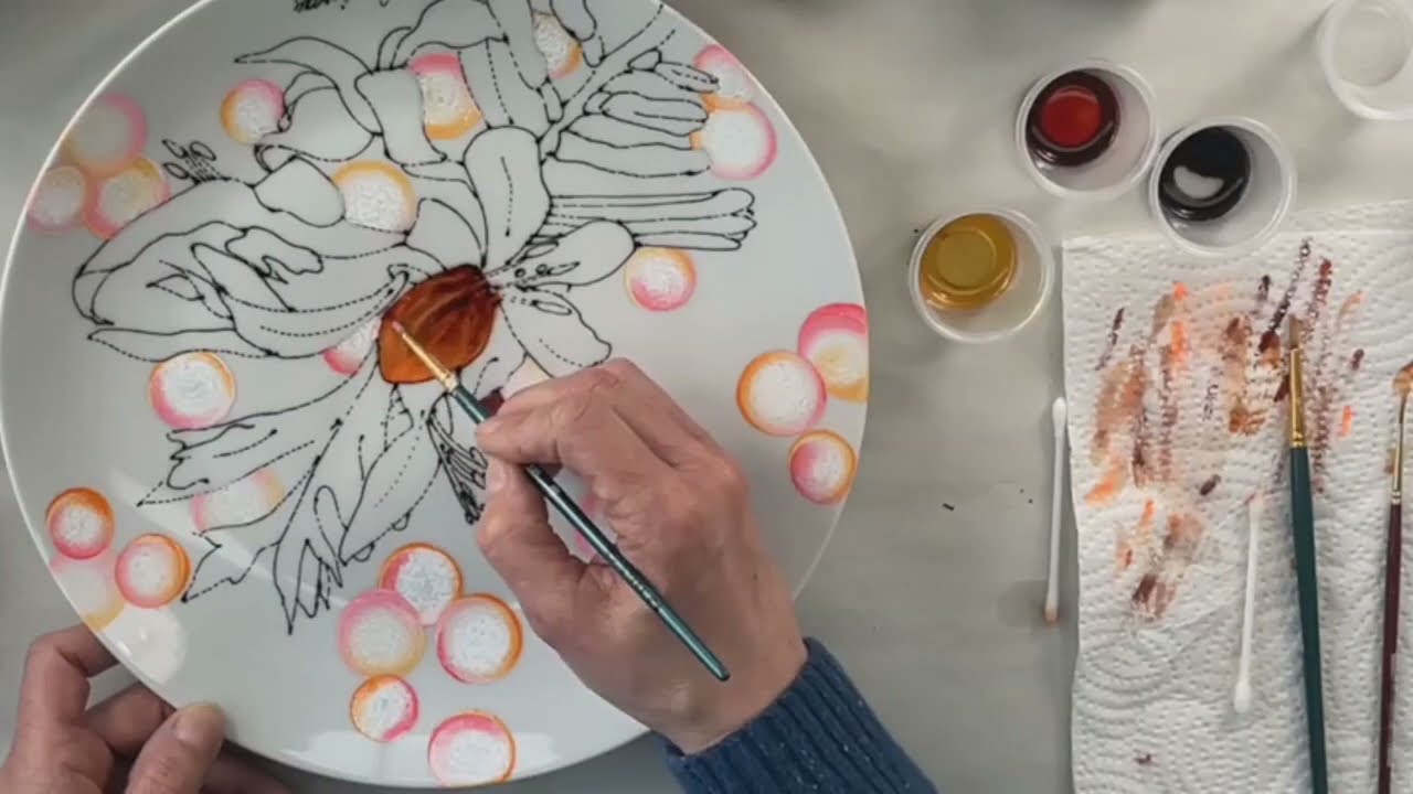 Projet Crocosmia orangé: Faux vitrail sur porcelaine