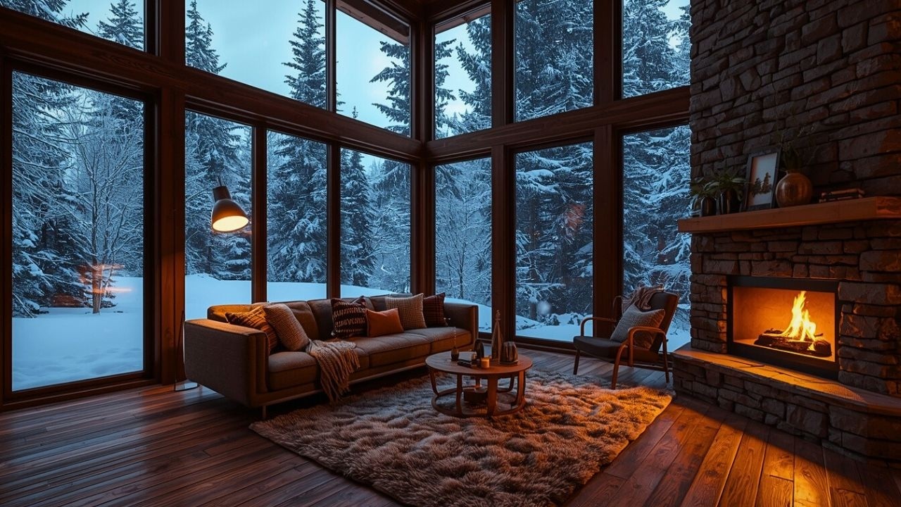 Cozy Winter Cabin Ambiance ❄️ Relaxing Drumless Jazz & Crackling Fireplace for Study/Sleep