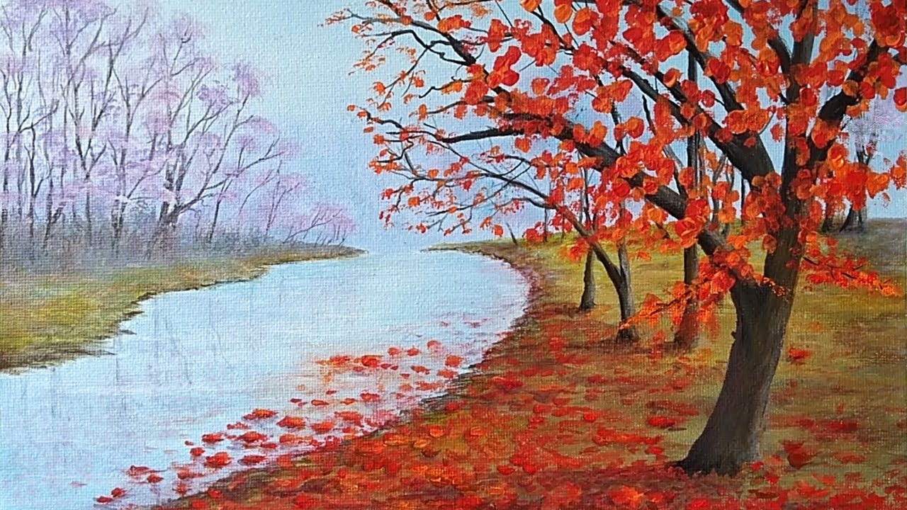 Pintar Rio Y Arboles Otoñales Paso A Paso Facil Con Acrilicos