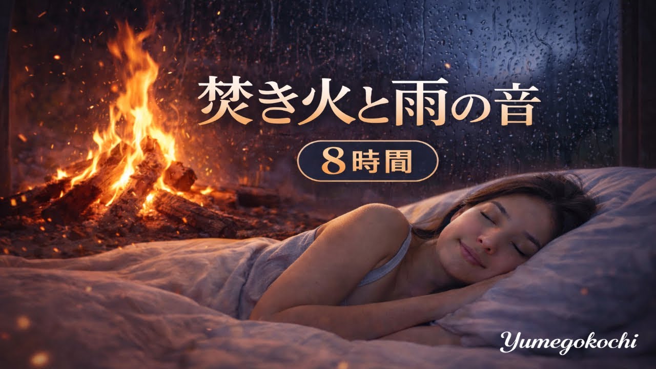 【睡眠用BGM】焚き火と雨音で深い眠りへ｜Fireplace & Rain Sounds for Deep Sleep & Relaxation (8h)｜Yumegokochi