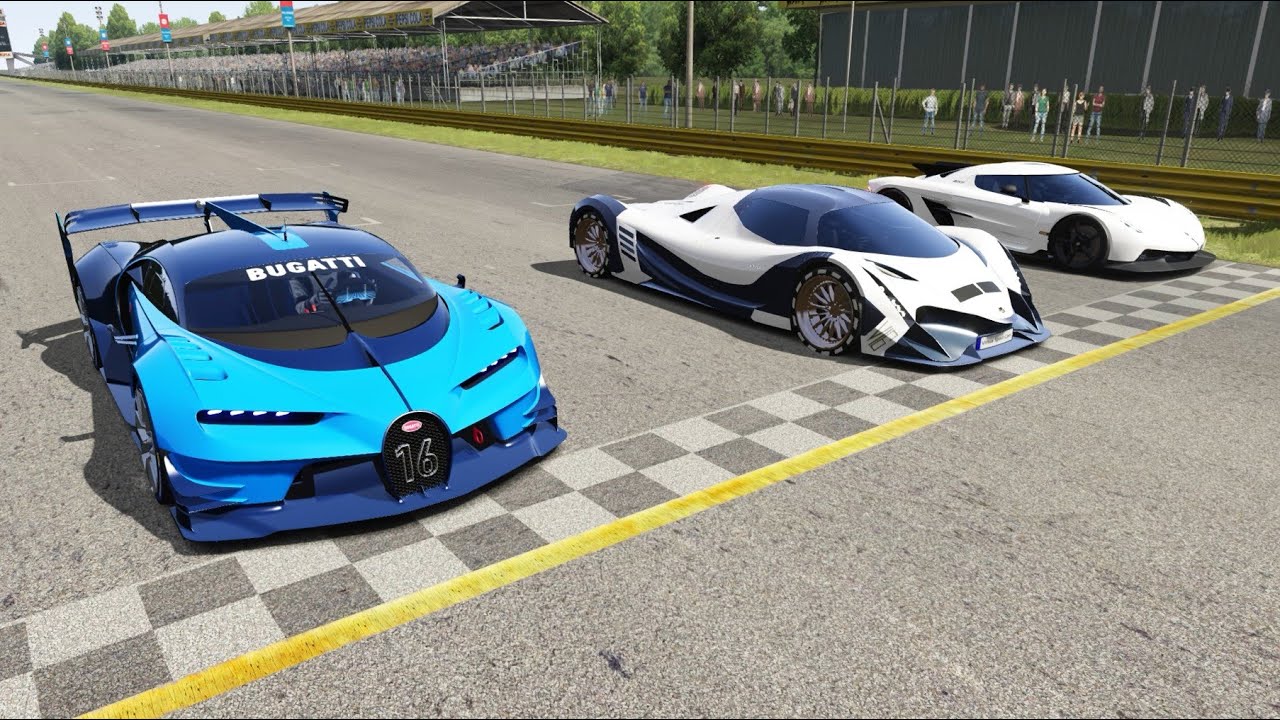 Devel Sixteen vs Bugatti Vision GT vs Koenigsegg Jesko Absolut at Monza Full Course