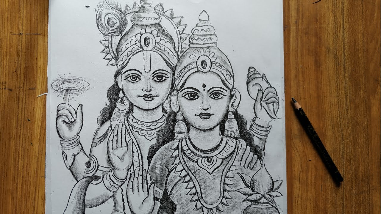 how to draw lord vishnu and mata laxmi with pencil sketch drawing,lord vishnu & lakshmi mata drawing