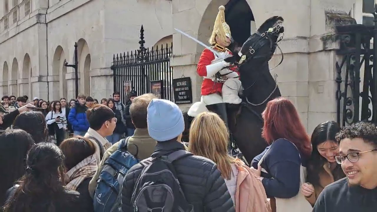 Horse spins around tourist just stand there. (move) kings guard shouts #horseguardsparade