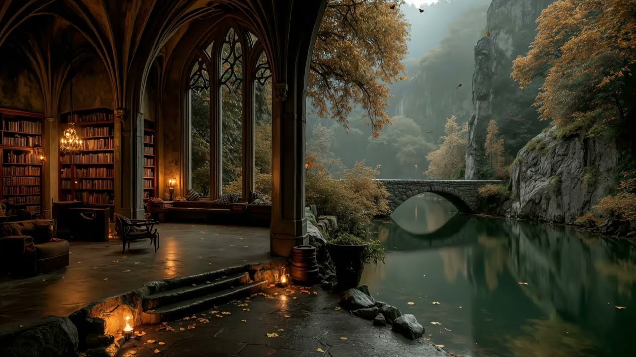 You Studying in an Ancient Library when Autumn Leaves Fall | Melancholic Piano for Sad Nights
