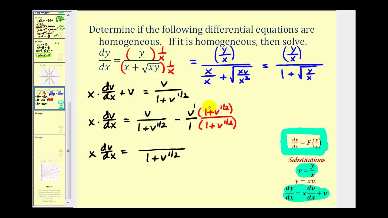 Solve a First-Order Homogeneous Differential Equation - Part 3
