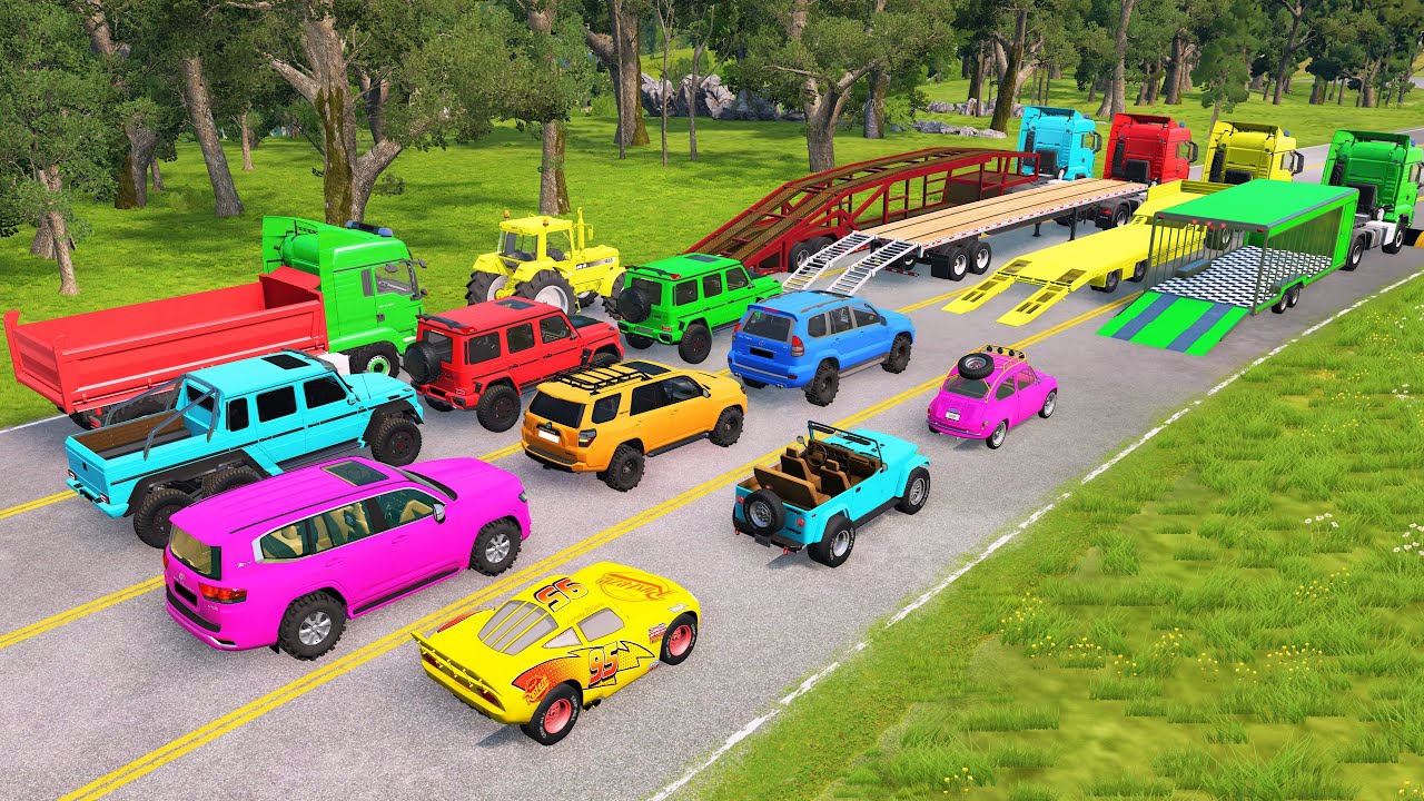 Flatbed Truck McQueen | Transporting Trucks | BeamNG Pothole Test | Cars vs Train