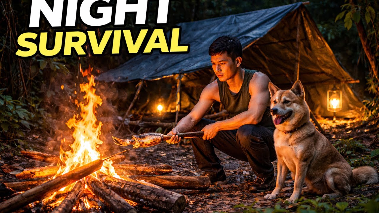 Night Jungle Survival | Camping & Fishing with My Dog
