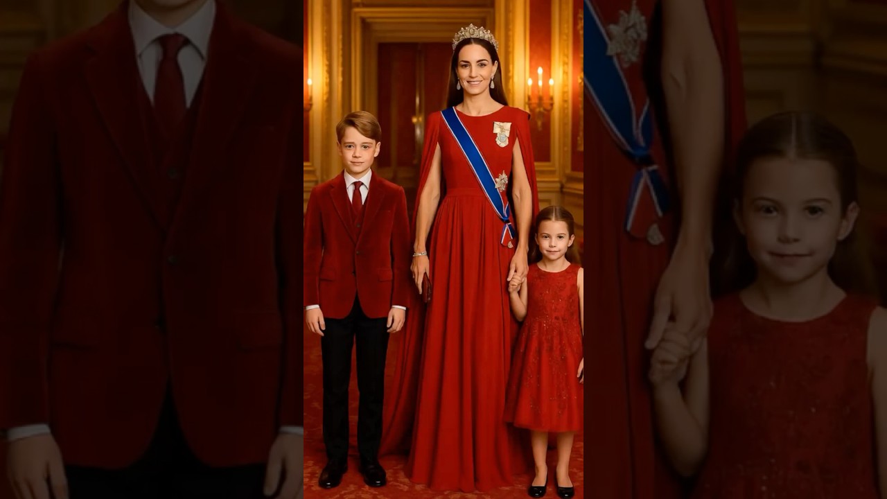 Princess Kate Radiates Elegance in Red Gown with Her Children &mdash; A Stunning Royal Portrait